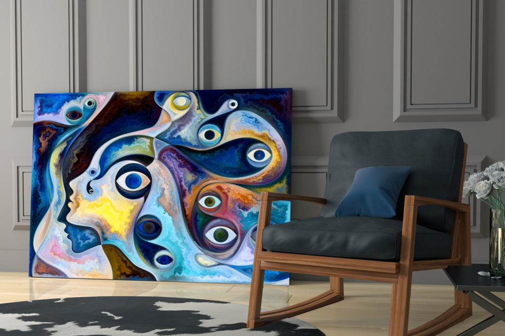 Eyes glass print enhancing a foyer with editorial drama