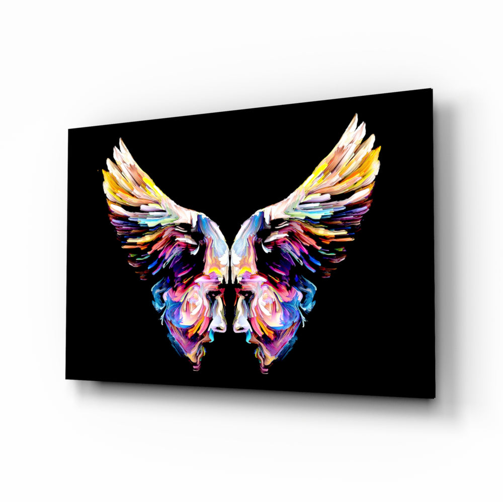 Wings glass wall art displayed above a console in a designer interior