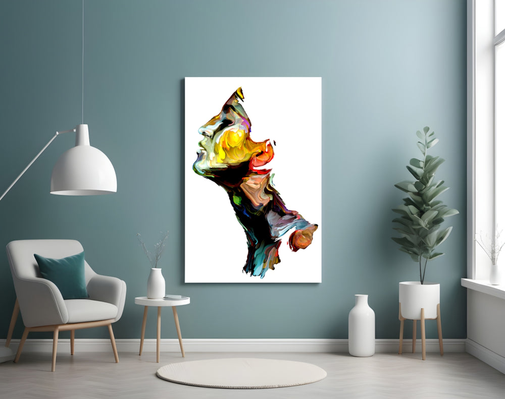Painted Profile glass wall art styled above a desk in a creative office