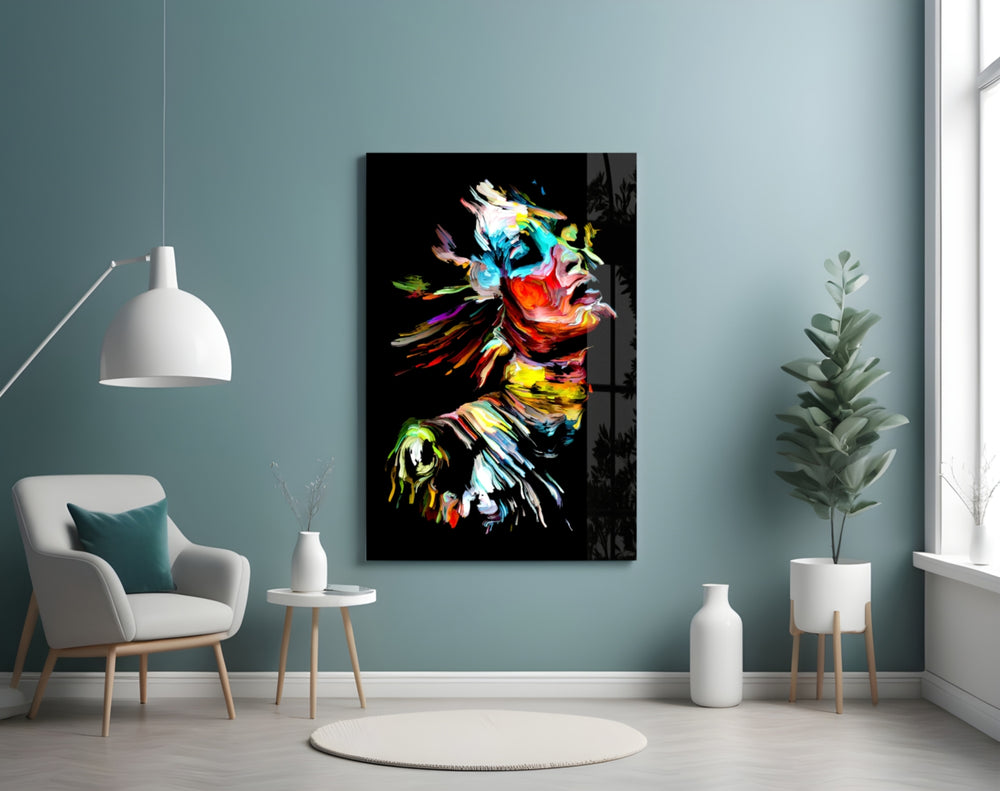 Ecstasy glass wall art styled above a desk in a creative office