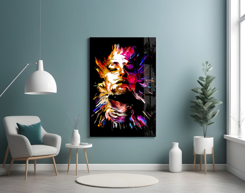 Burning Soul glass wall art styled above a desk in a creative office