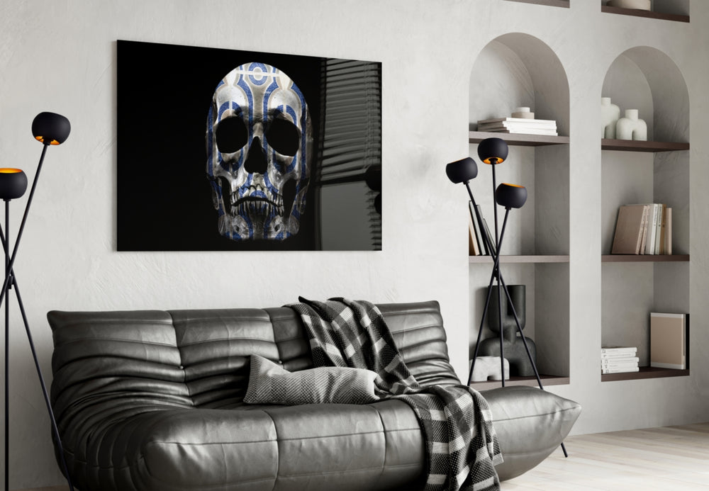 Ornament Skull glass wall art styled above a desk in a man's office