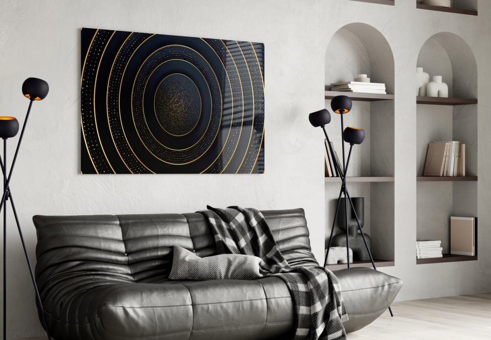 Gold Ripple glass wall art styled above a console in a foyer