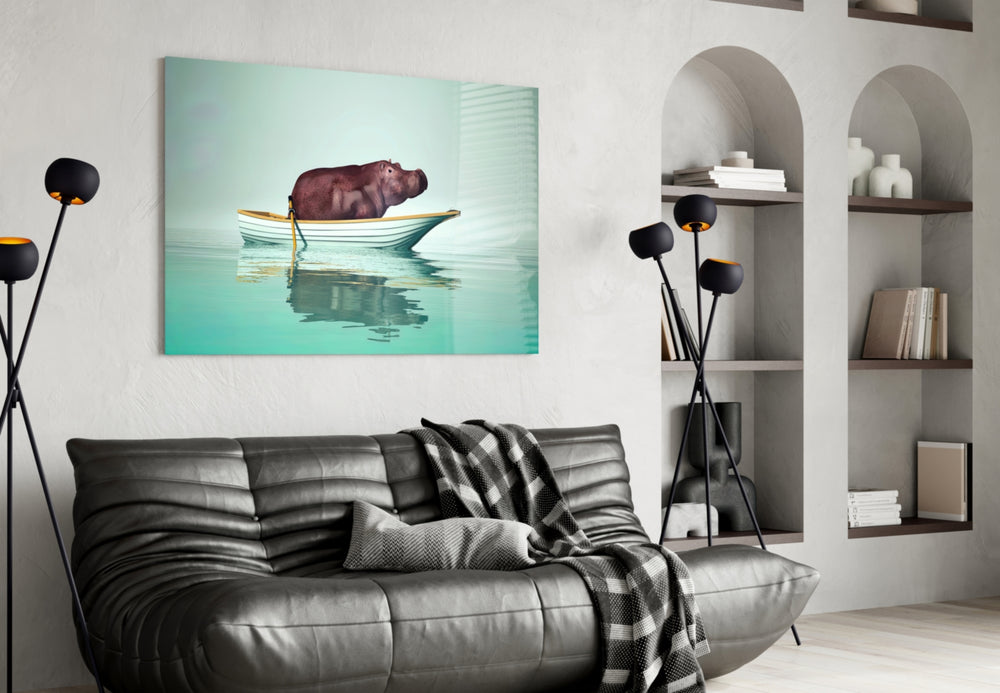 Hippo Boat glass wall art styled above a bed in a child's room