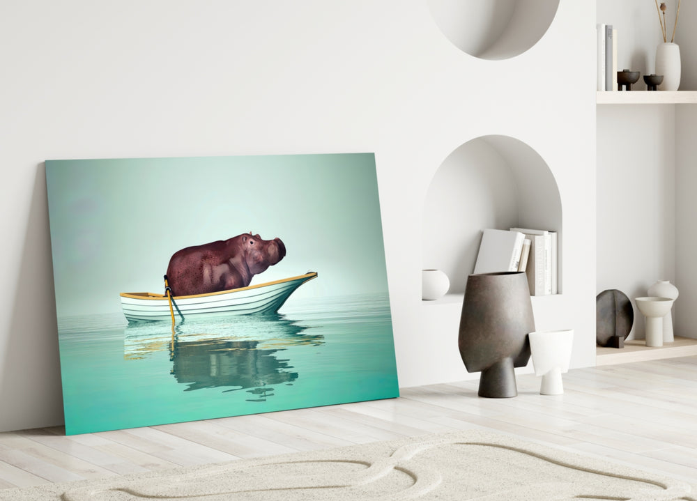 Close-up detail of hippo seated in rowboat on glassy water