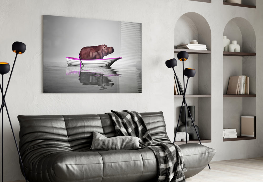 Pink Hippo glass wall art styled above a desk in a girl's room
