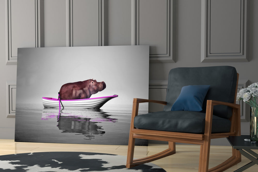 Pink Hippo glass print enhancing a creative office with editorial drama