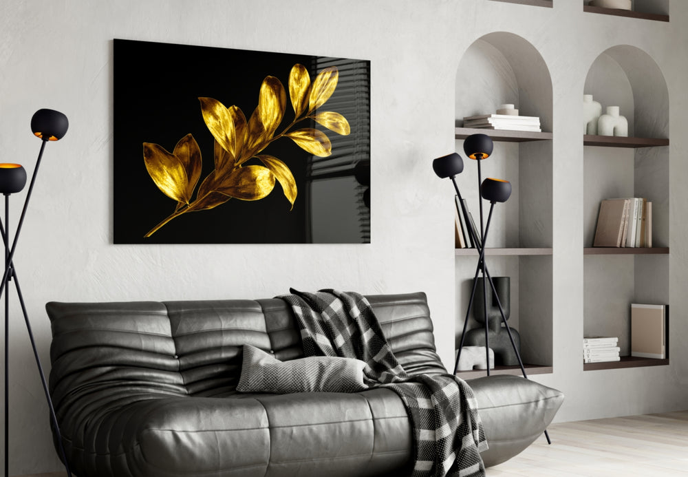 Gold Branch glass wall art styled above a console in a foyer