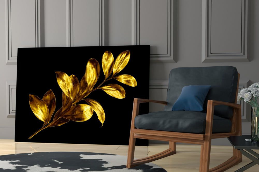 Gold Branch glass print enhancing a master bedroom with editorial drama