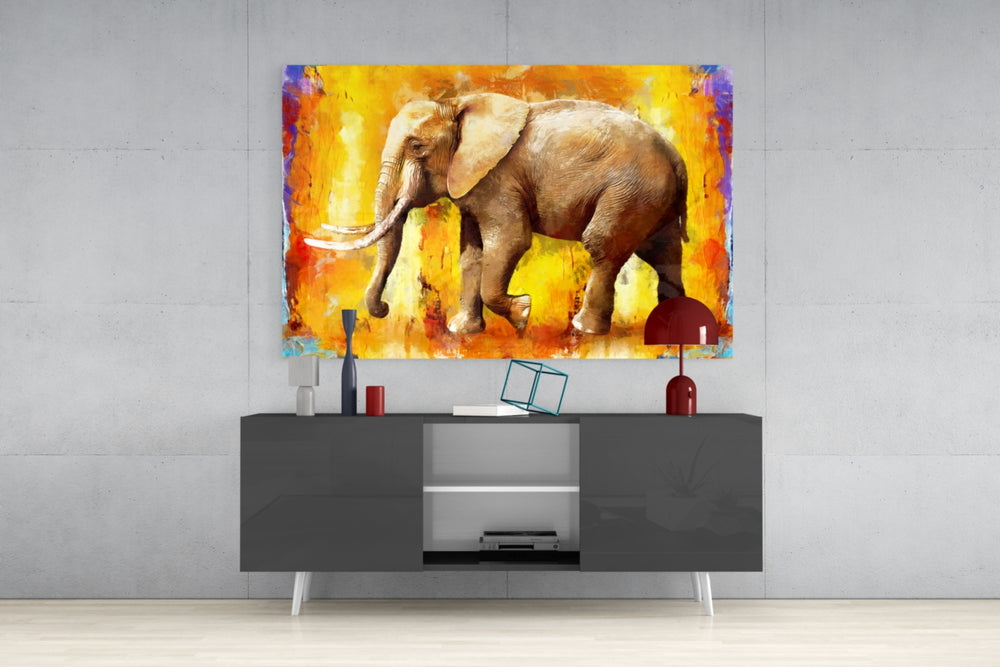 Painted Elephant panel catching gallery light to reveal its tactile ridge