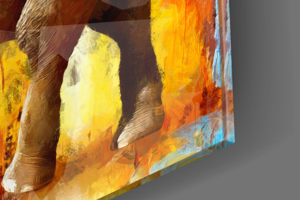 Painted Elephant artwork anchoring a wall with bold warm palette