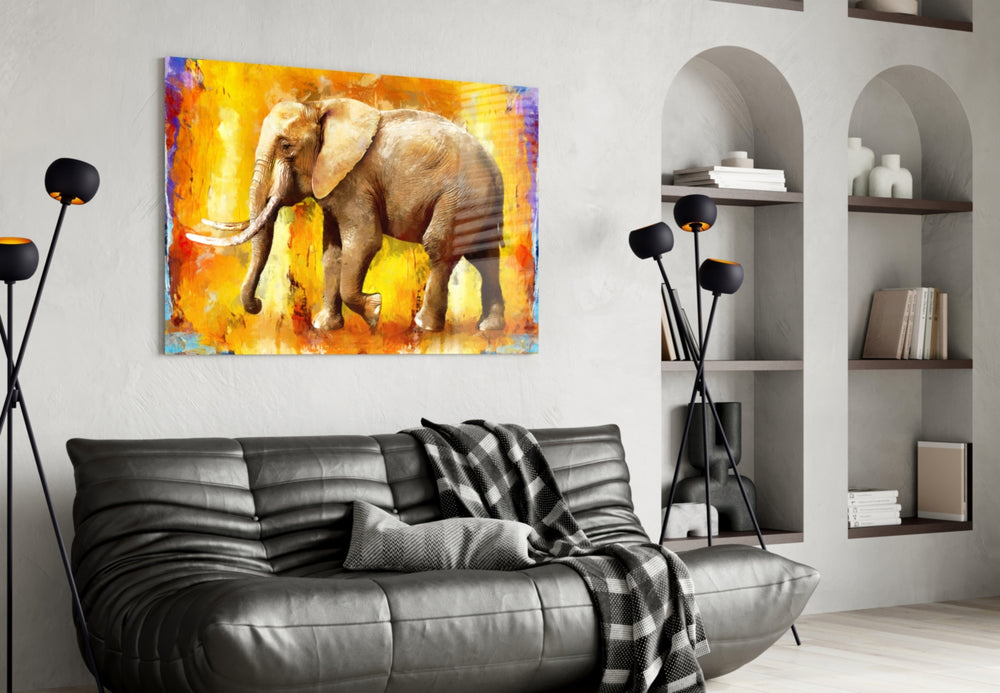 Painted Elephant glass wall art styled above a sofa in a living room