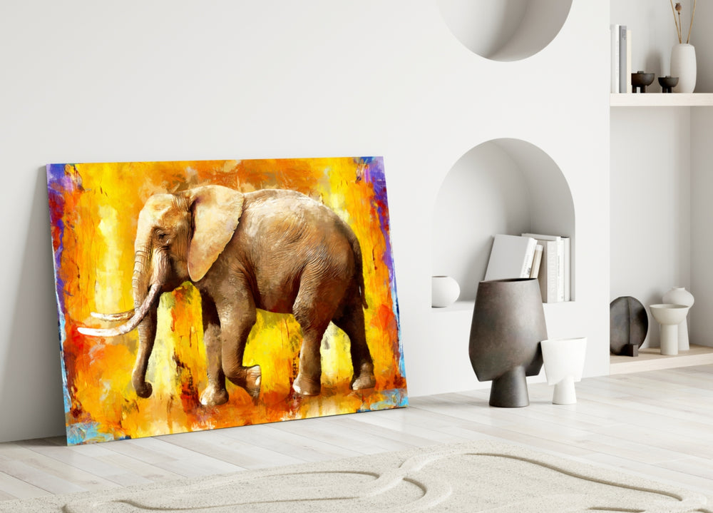 Close-up detail of saffron and cobalt strokes around the elephant