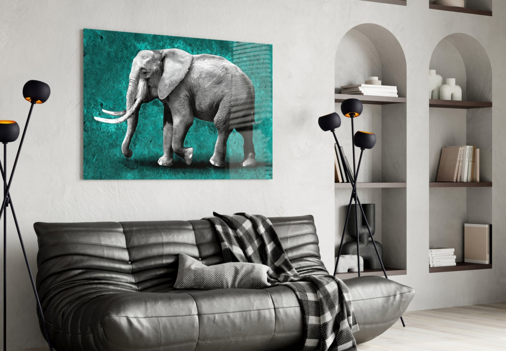 Teal Elephant glass wall art styled above a sofa in a living room