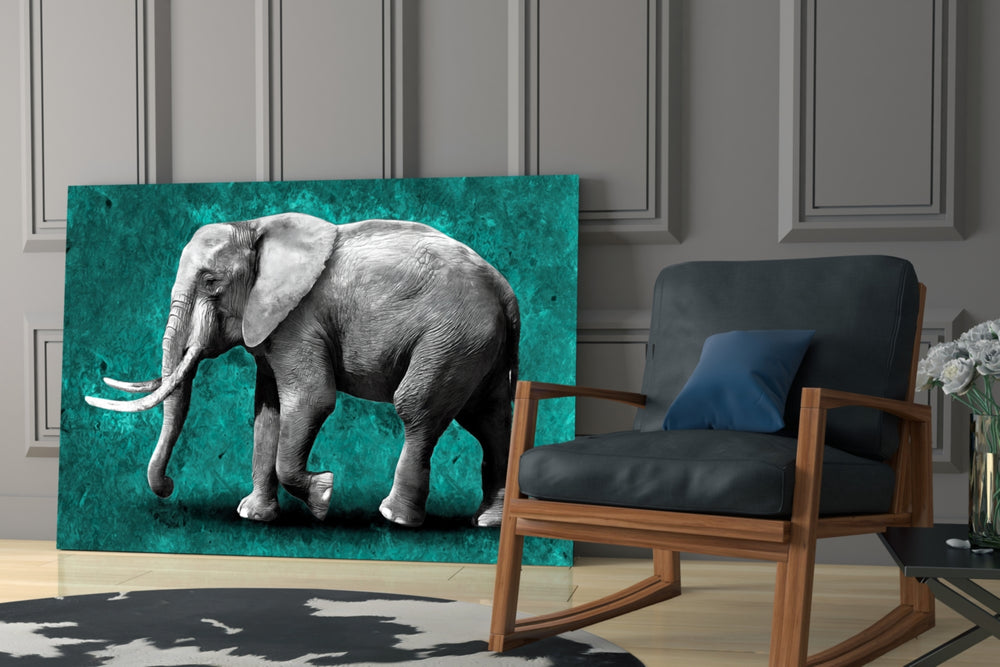 Teal Elephant glass print enhancing a foyer with editorial drama
