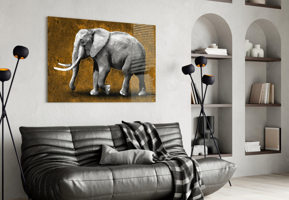 Amber Elephant glass wall art styled above a sofa in a living room