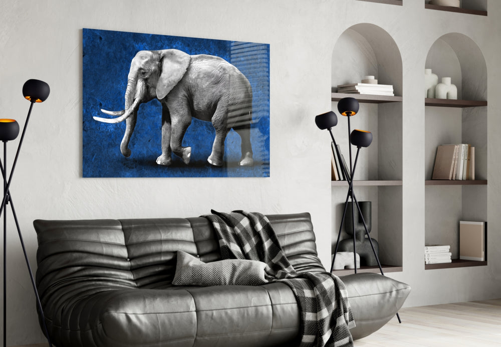 Cobalt Elephant glass wall art styled above a desk in a study
