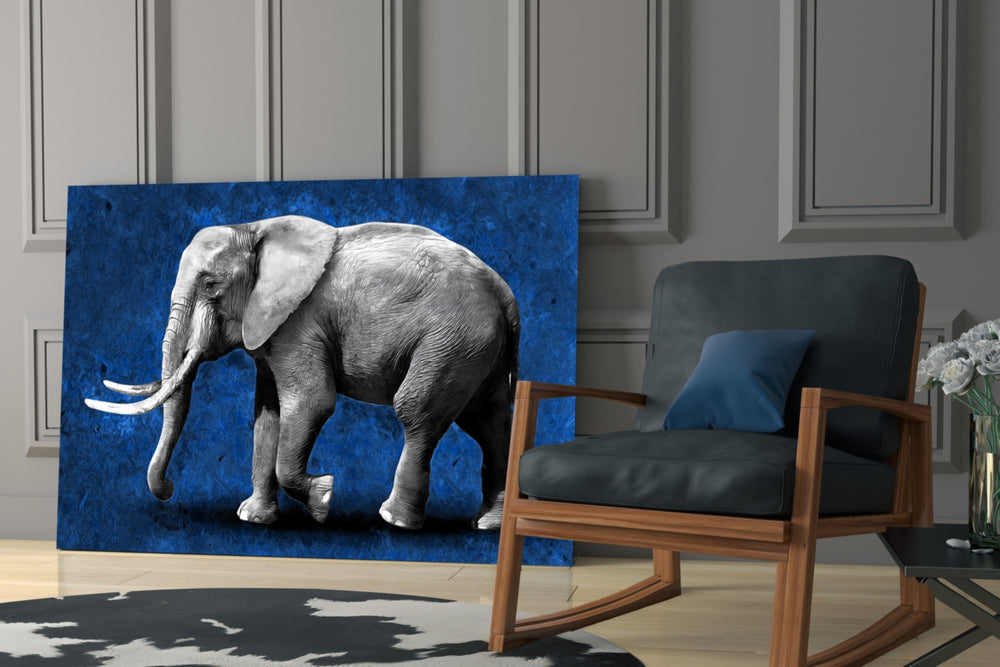 Cobalt Elephant glass print enhancing a foyer with editorial drama