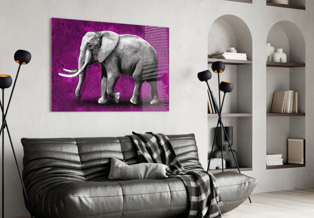 Magenta Elephant glass wall art styled above a vanity in a powder room