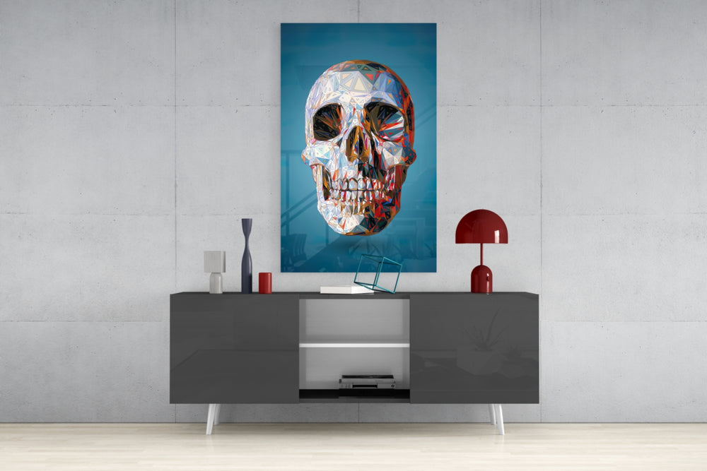 Geo Skull panel catching gallery light to reveal its tactile facet