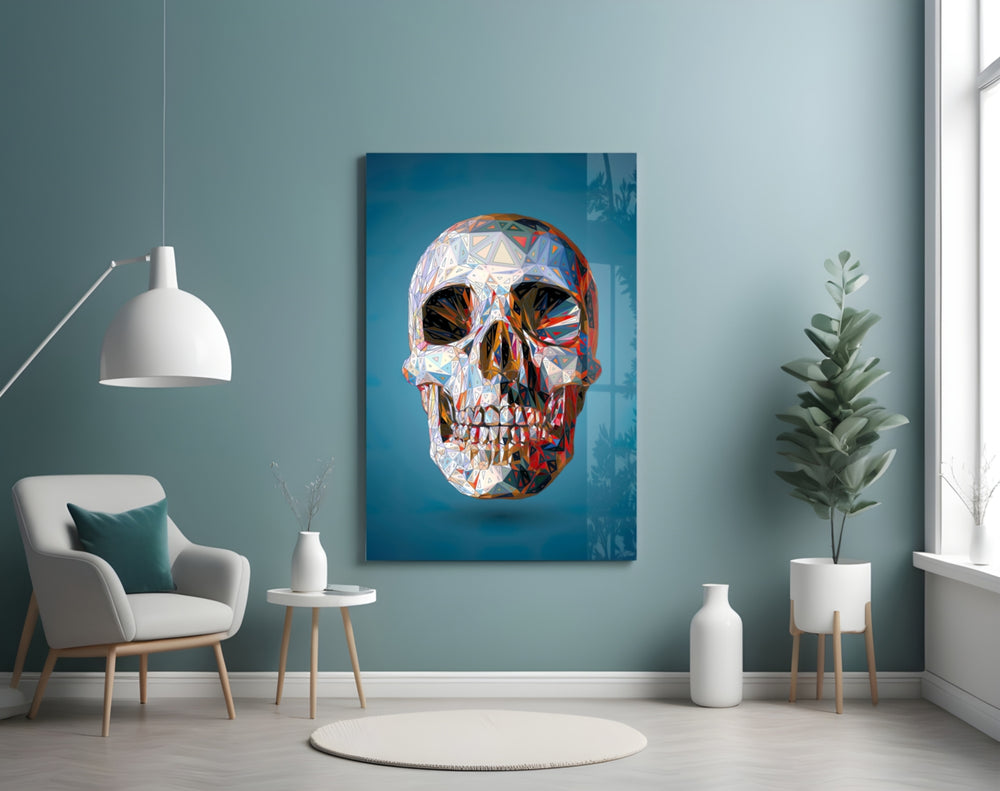 Geo Skull glass wall art styled above a desk in a creative office