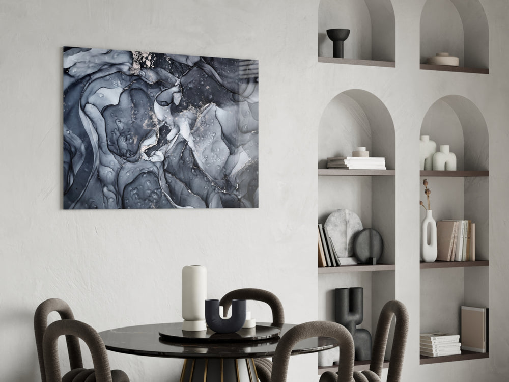 Storm Marble glass wall art styled above a desk in a man's office