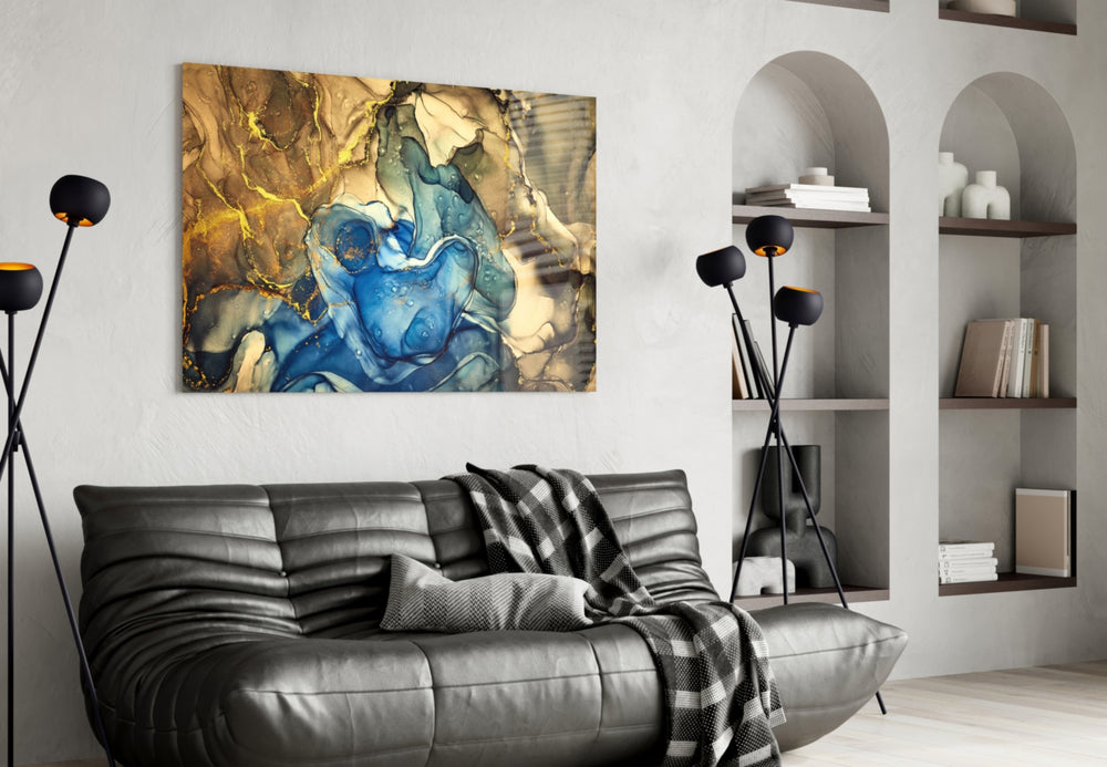 Sapphire Marble glass wall art styled above a console in a foyer
