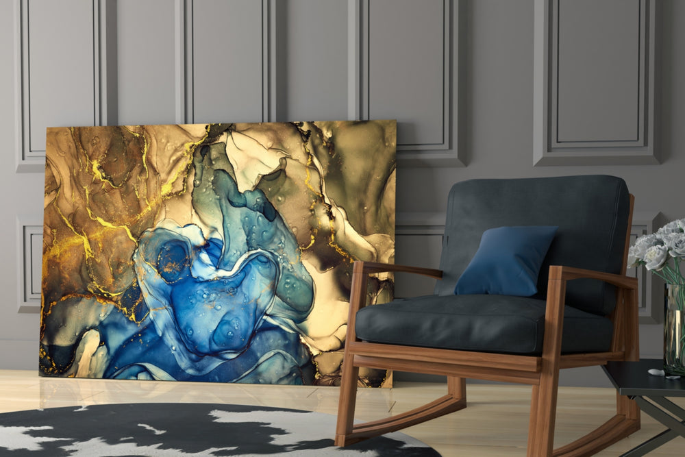 Sapphire Marble glass print enhancing a master bedroom with editorial drama