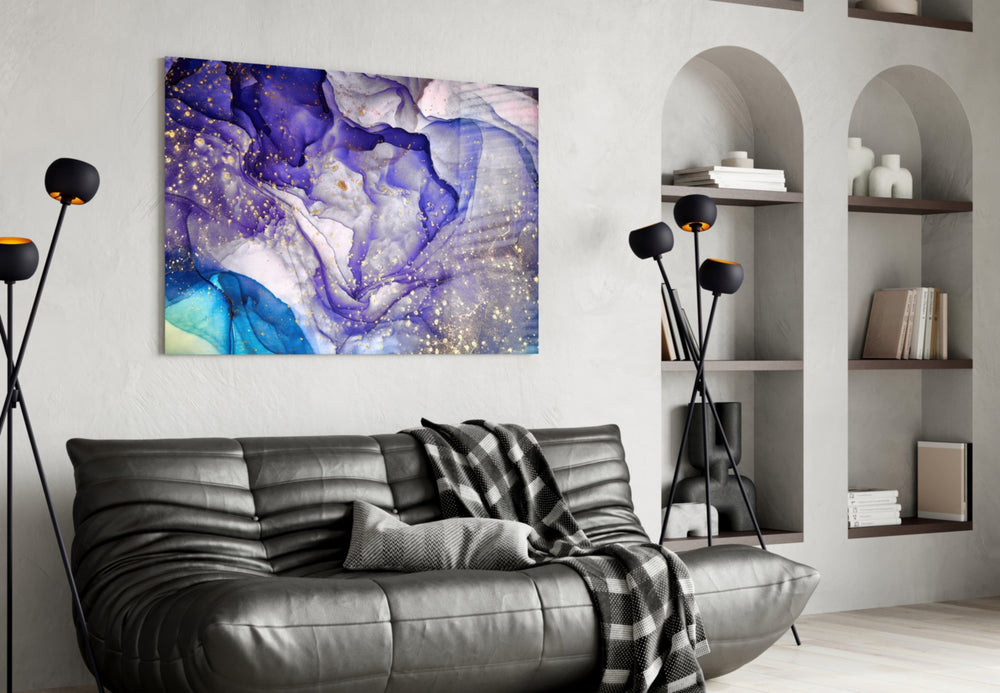Amethyst Marble glass wall art styled above a vanity in a powder room