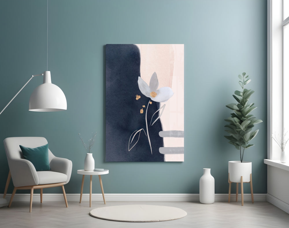 Quiet Bloom glass wall art styled above a bed in a bedroom