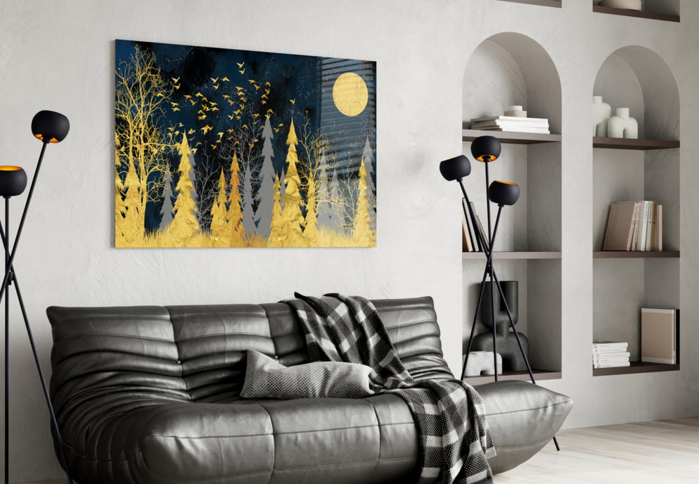 Gold Forest glass wall art styled above a console in a foyer
