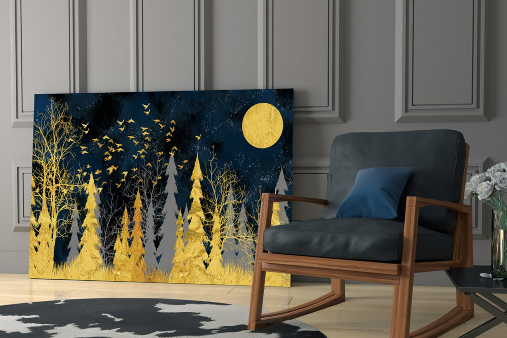 Gold Forest glass print enhancing a master bedroom with editorial drama