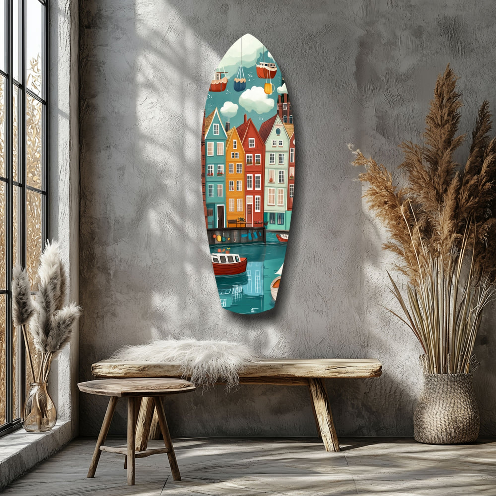 Cute Coastal Village Glass Wall Art.