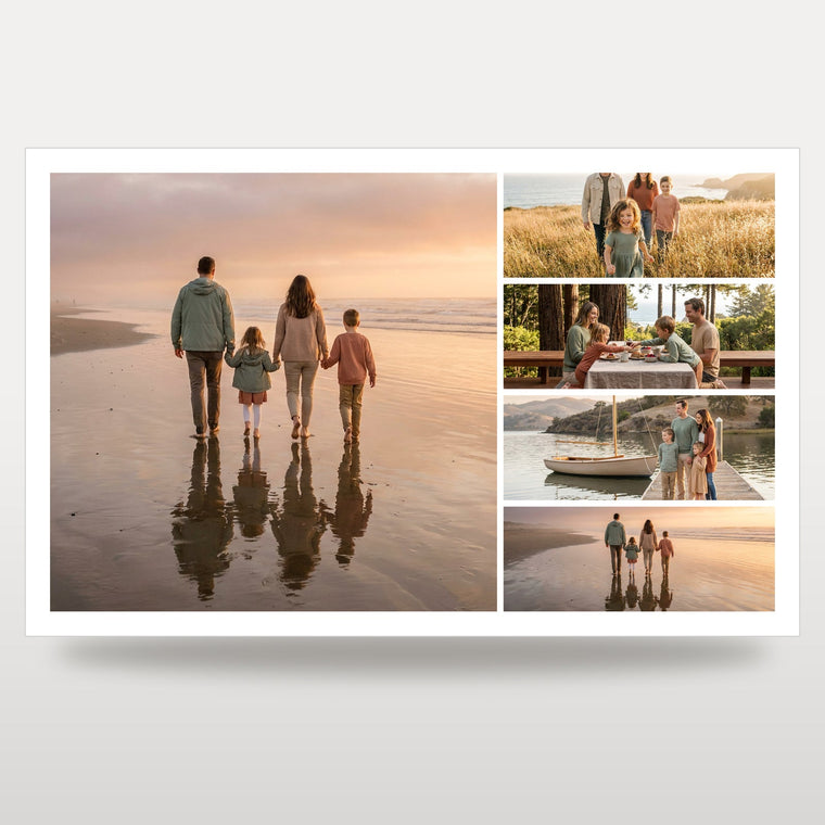 Multi-photo collage print hanging in a living room