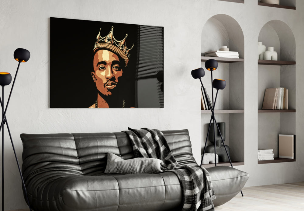Hip-hop glass print bringing music-icon edge to a music studio