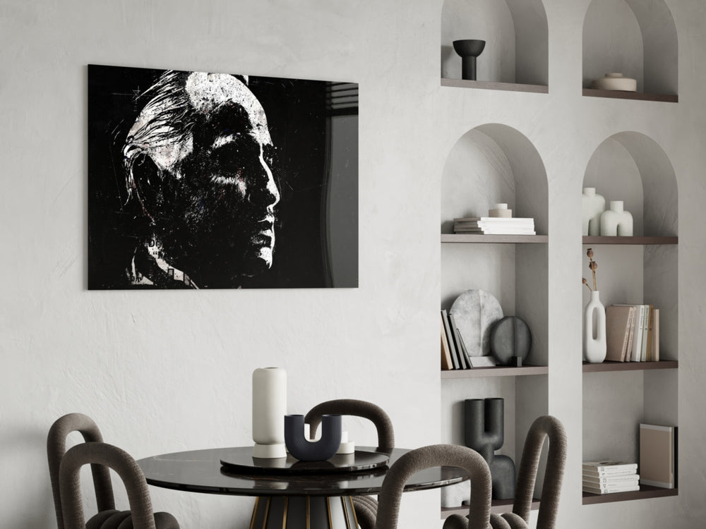 Mafia glass print bringing classic-film edge to a designer office