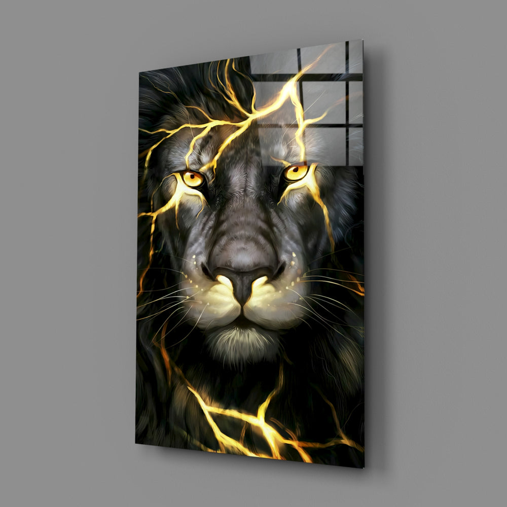 Close-up detail of black lion with gold lightning behind glass
