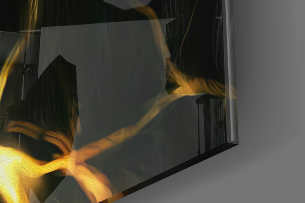 Gold Lightning Lion glass wall art catching light to reveal its painted fissures