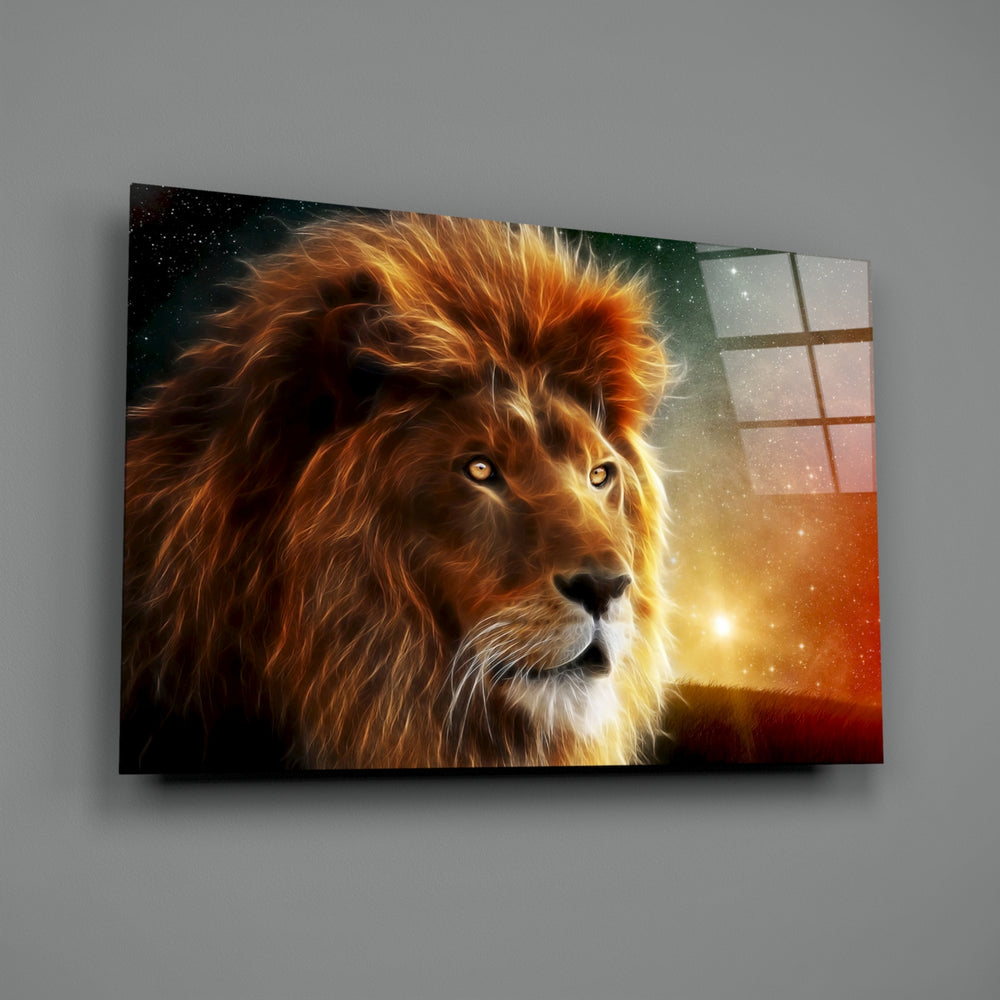 Close-up detail of golden lion in starfield behind glass
