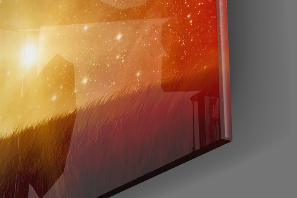 Cosmic Lion glass wall art catching light to reveal its painted nebula