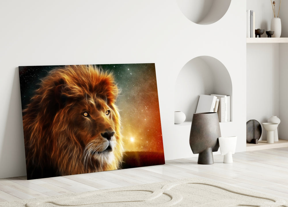 Cosmic Lion artwork styled in a designer office interior