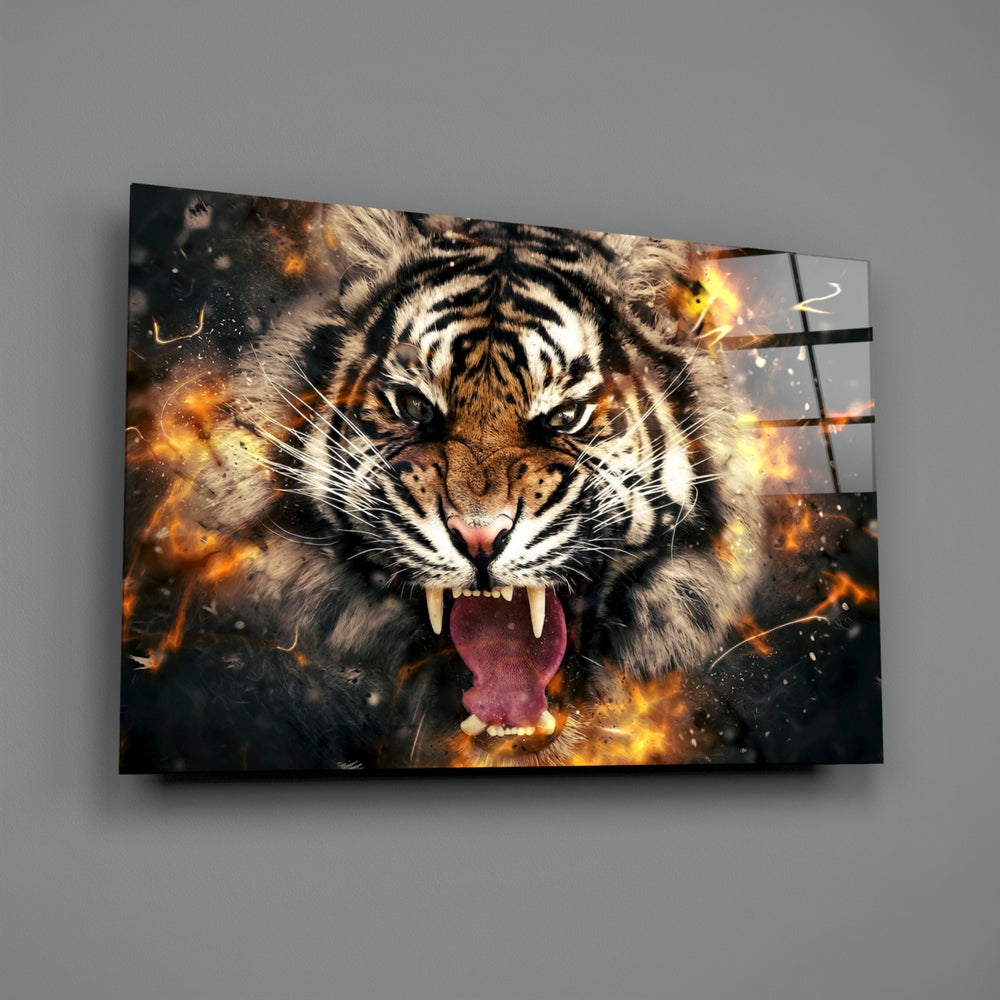 Close-up detail of Bengal tiger mid-roar behind glass