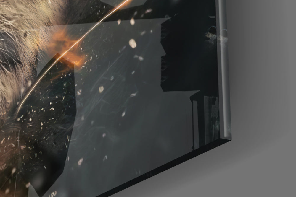 Anger of a Tiger glass wall art catching light to reveal its painted embers