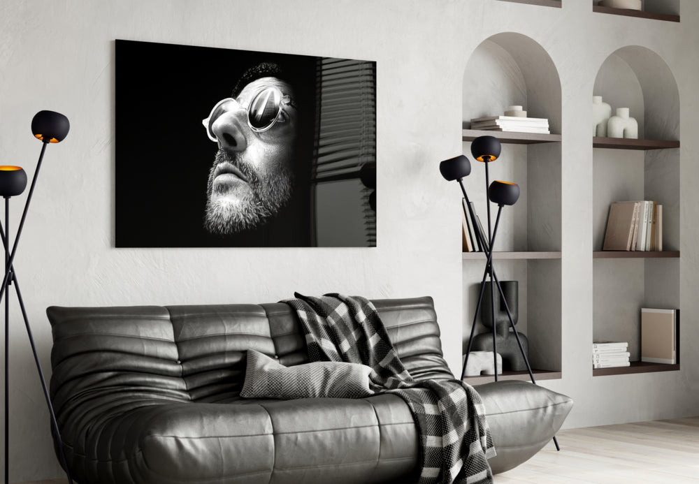 Cult-cinema glass print bringing 90s-thriller edge to a designer office