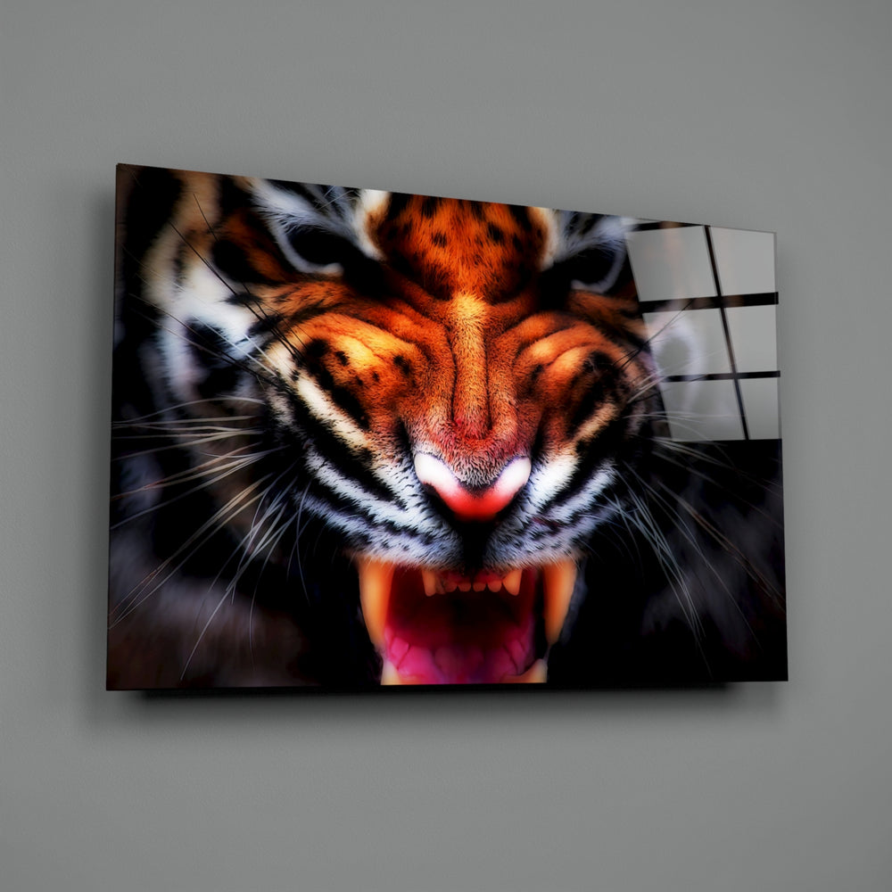Close-up detail of Bengal tiger snarl behind glass
