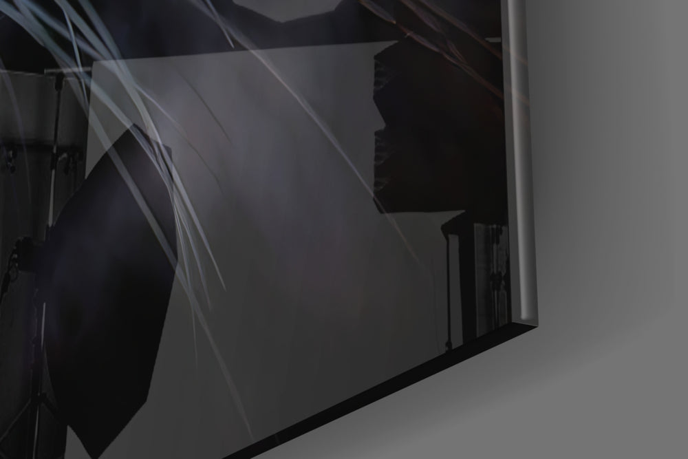 Anger of a Tiger Close-Up glass wall art catching light to reveal its painted whiskers