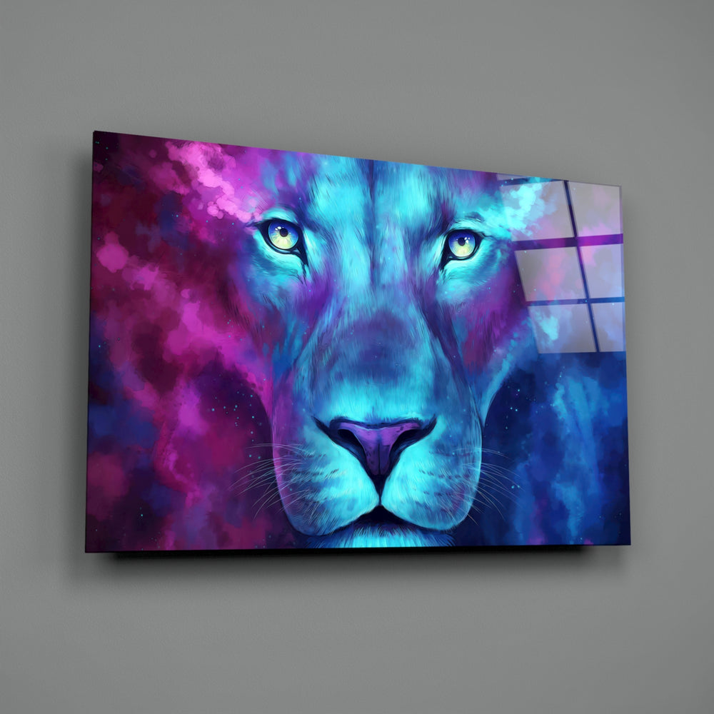 Close-up detail of cobalt-magenta watercolor lion behind glass