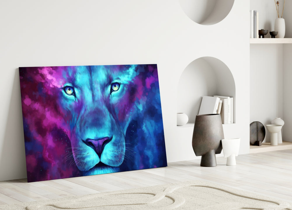 Cosmic Watercolor Lion artwork styled in a designer office interior