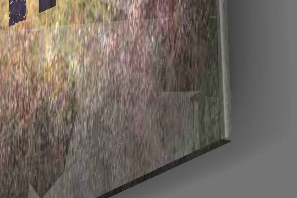 No Pain No Gain glass wall art catching light to reveal its painted grunge