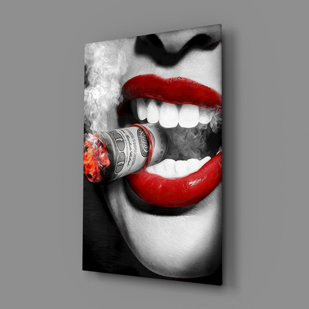 Close-up detail of scarlet lips with dollar cigar behind glass
